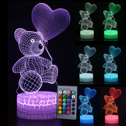 3D LED Heart Bear Night Light for Kids' Room Decor