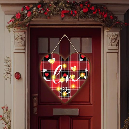 Valentine’s Day LED Wooden Door Sign – Heart Plaid