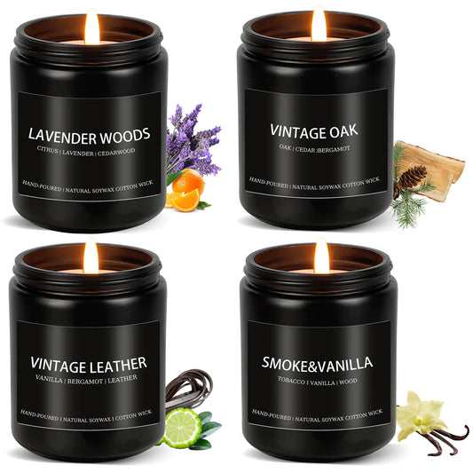 4-Pack Men’s Scented Soy Candles – Lavender, Oak, Leather, Vanilla